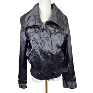 South Pole Women's LRG Black Satin Embroidered Bomber Jacket Streetwear